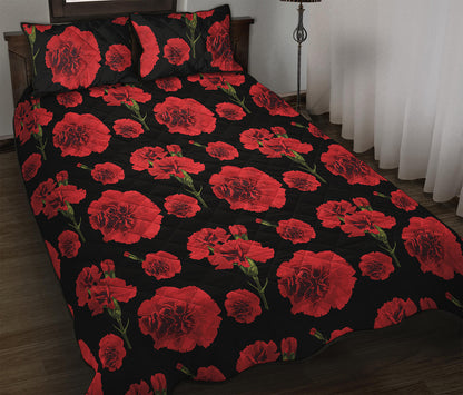 Red And Black Carnation Pattern Print Quilt Bed Set