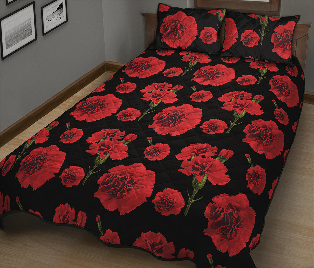 Red And Black Carnation Pattern Print Quilt Bed Set