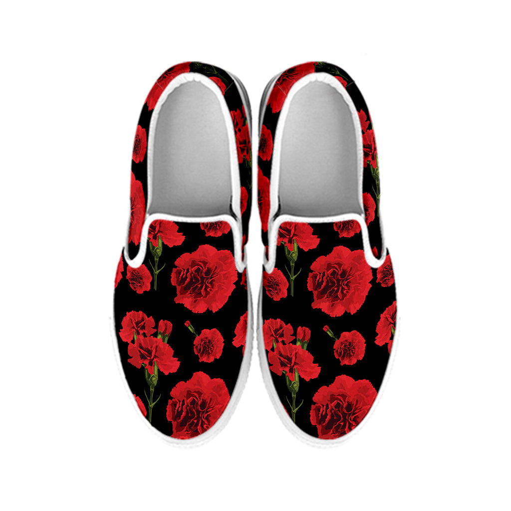 Red And Black Carnation Pattern Print White Slip On Shoes