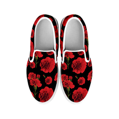 Red And Black Carnation Pattern Print White Slip On Shoes