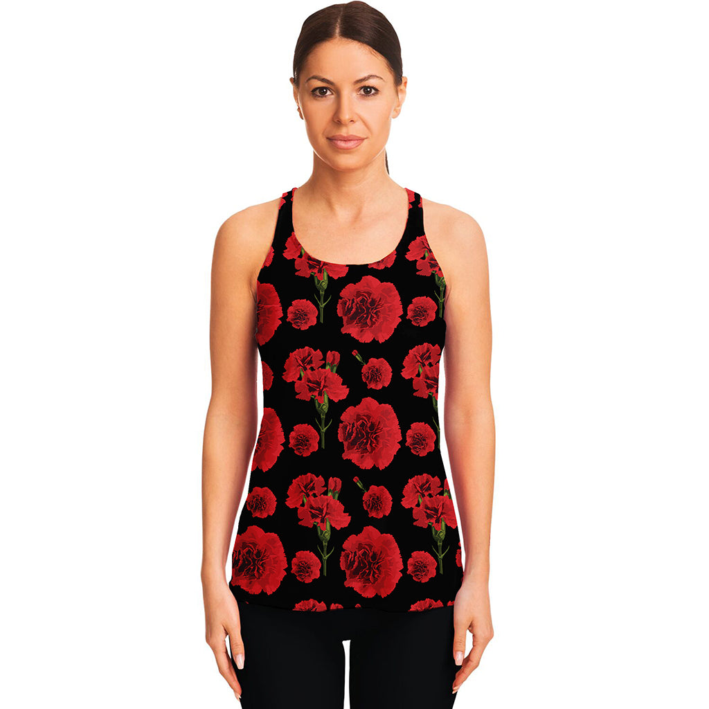 Red And Black Carnation Pattern Print Women's Racerback Tank Top