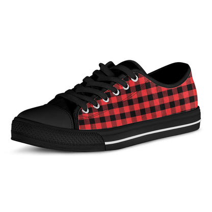 Red And Black Check Pattern Print Black Low Top Shoes