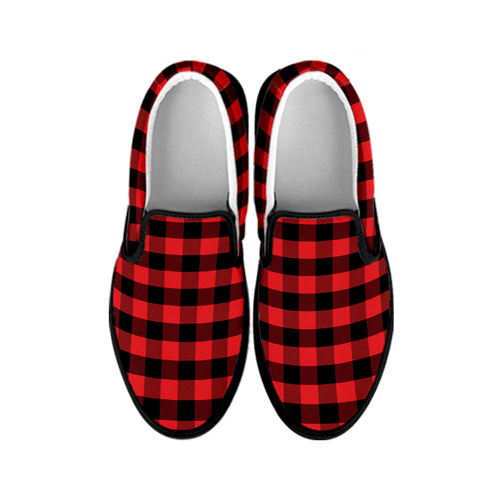 Red And Black Check Pattern Print Black Slip On Shoes