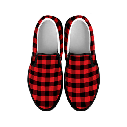 Red And Black Check Pattern Print Black Slip On Shoes
