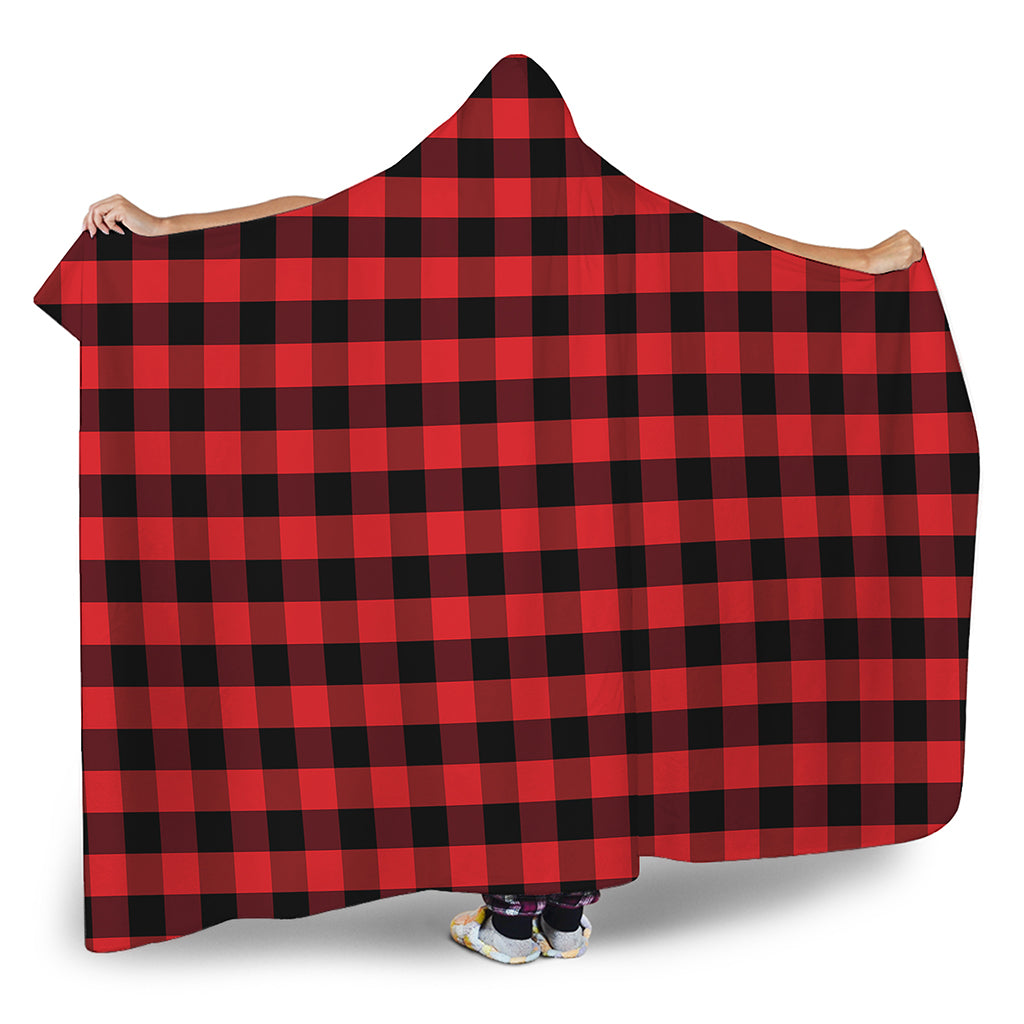 Red And Black Check Pattern Print Hooded Blanket