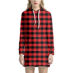 Red And Black Check Pattern Print Hoodie Dress