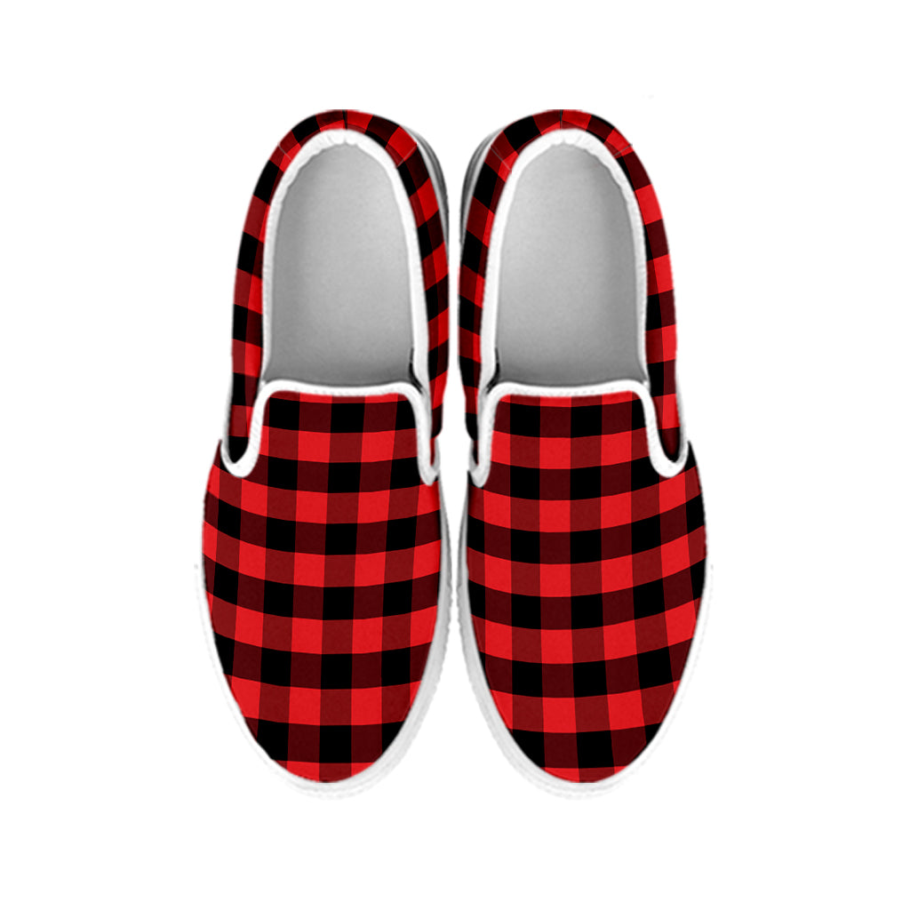 Red And Black Check Pattern Print White Slip On Shoes