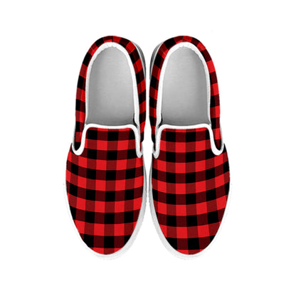 Red And Black Check Pattern Print White Slip On Shoes