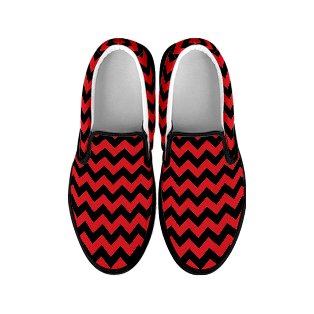 Red And Black Chevron Pattern Print Black Slip On Shoes