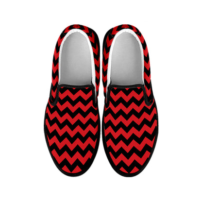 Red And Black Chevron Pattern Print Black Slip On Shoes