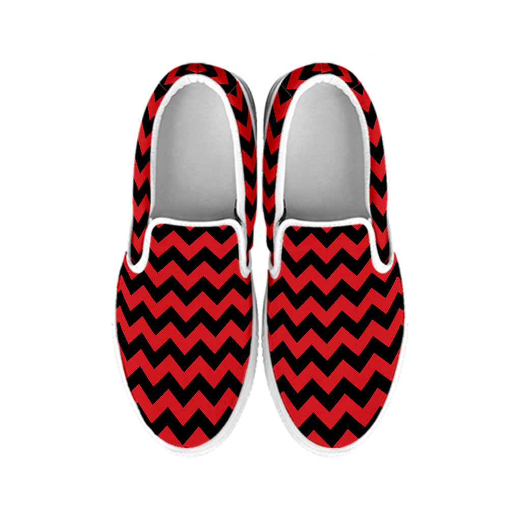 Red And Black Chevron Pattern Print White Slip On Shoes