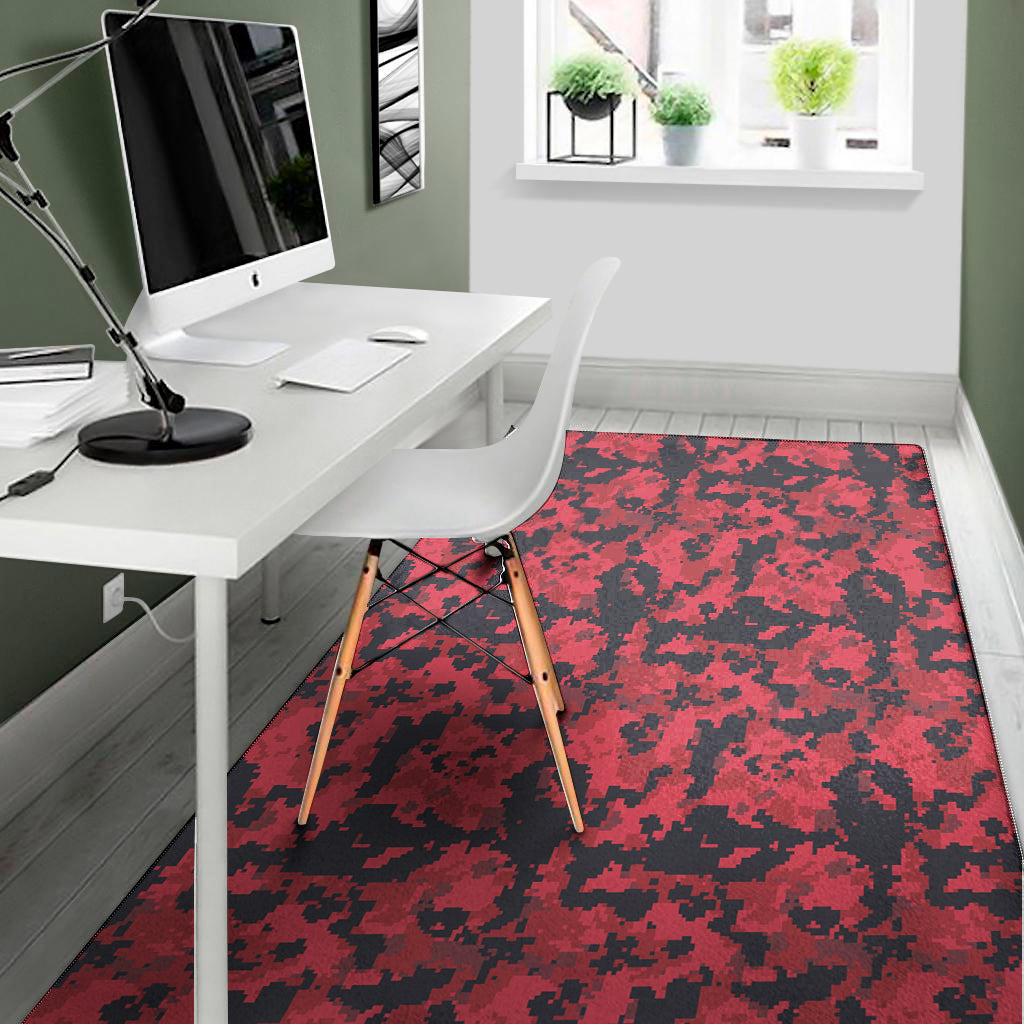 Red And Black Digital Camo Pattern Print Area Rug