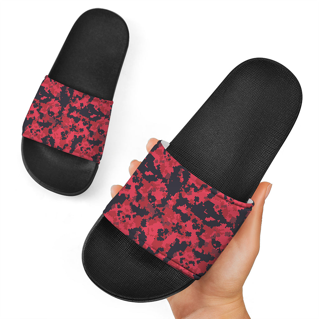 Red And Black Digital Camo Pattern Print Black Slide Sandals