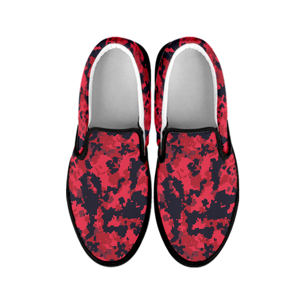 Red And Black Digital Camo Pattern Print Black Slip On Shoes