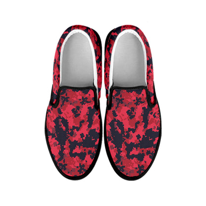 Red And Black Digital Camo Pattern Print Black Slip On Shoes