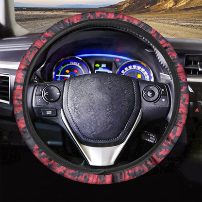 Red And Black Digital Camo Pattern Print Car Steering Wheel Cover