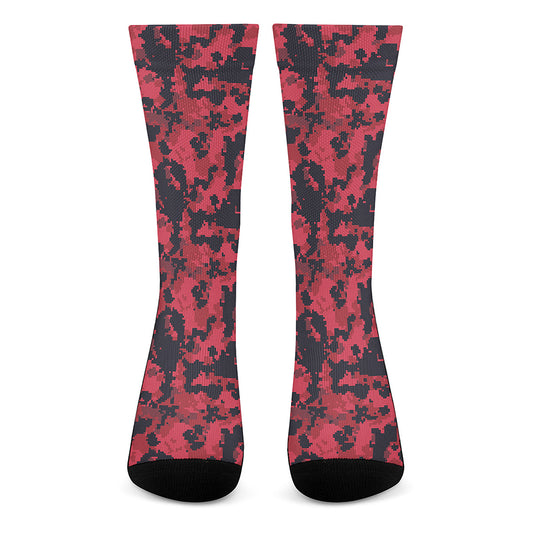 Red And Black Digital Camo Pattern Print Crew Socks