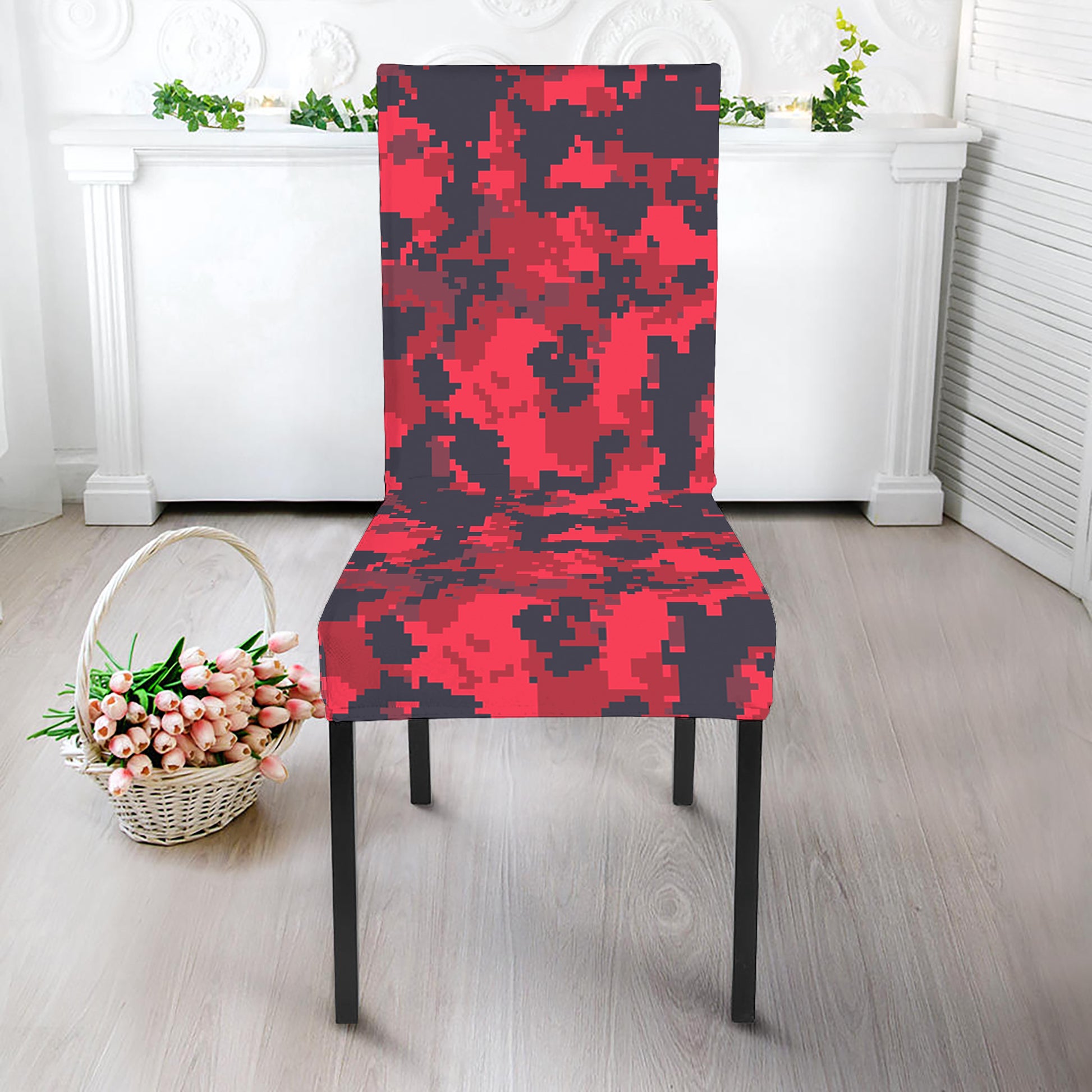 Red And Black Digital Camo Pattern Print Dining Chair Slipcover