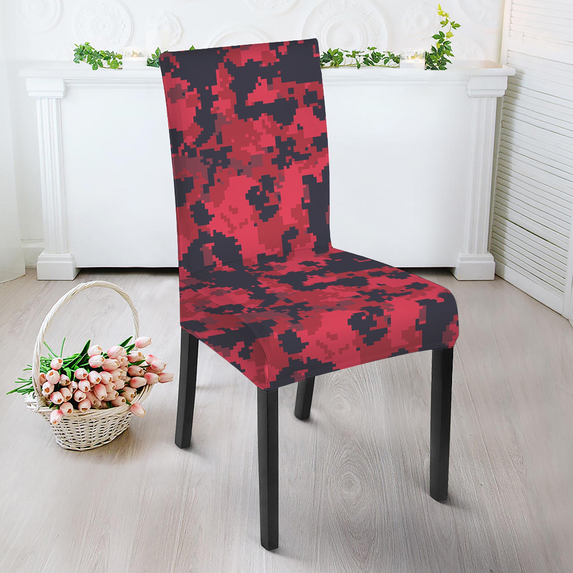 Red And Black Digital Camo Pattern Print Dining Chair Slipcover