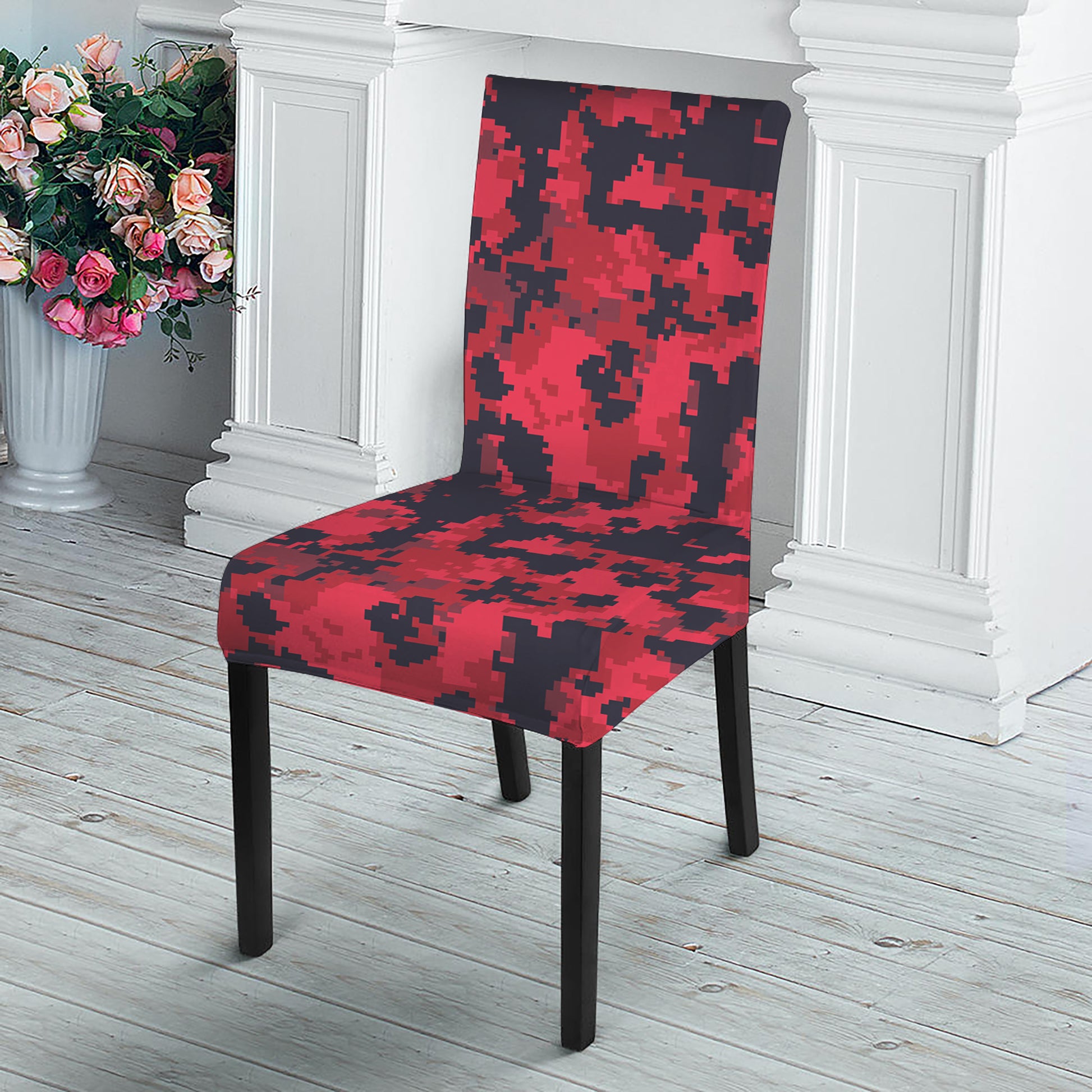 Red And Black Digital Camo Pattern Print Dining Chair Slipcover