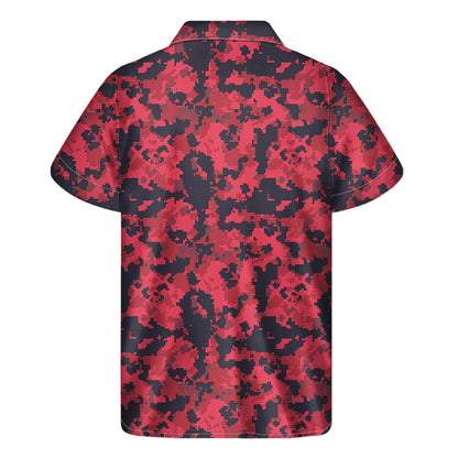 Red And Black Digital Camo Pattern Print Men's Short Sleeve Shirt