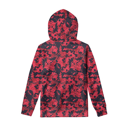 Red And Black Digital Camo Pattern Print Pullover Hoodie