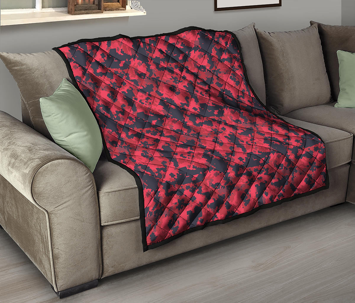 Red And Black Digital Camo Pattern Print Quilt