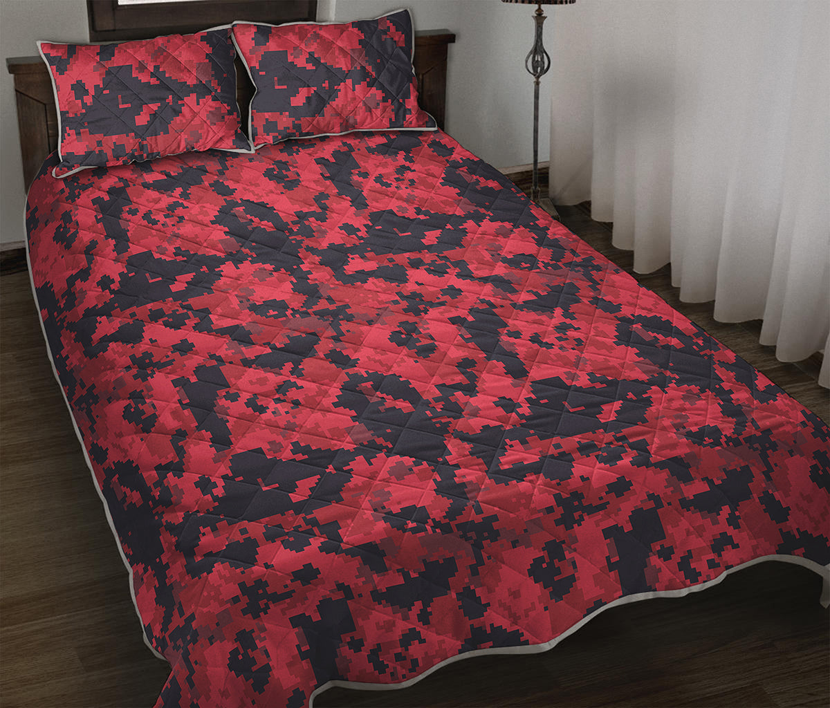 Red And Black Digital Camo Pattern Print Quilt Bed Set