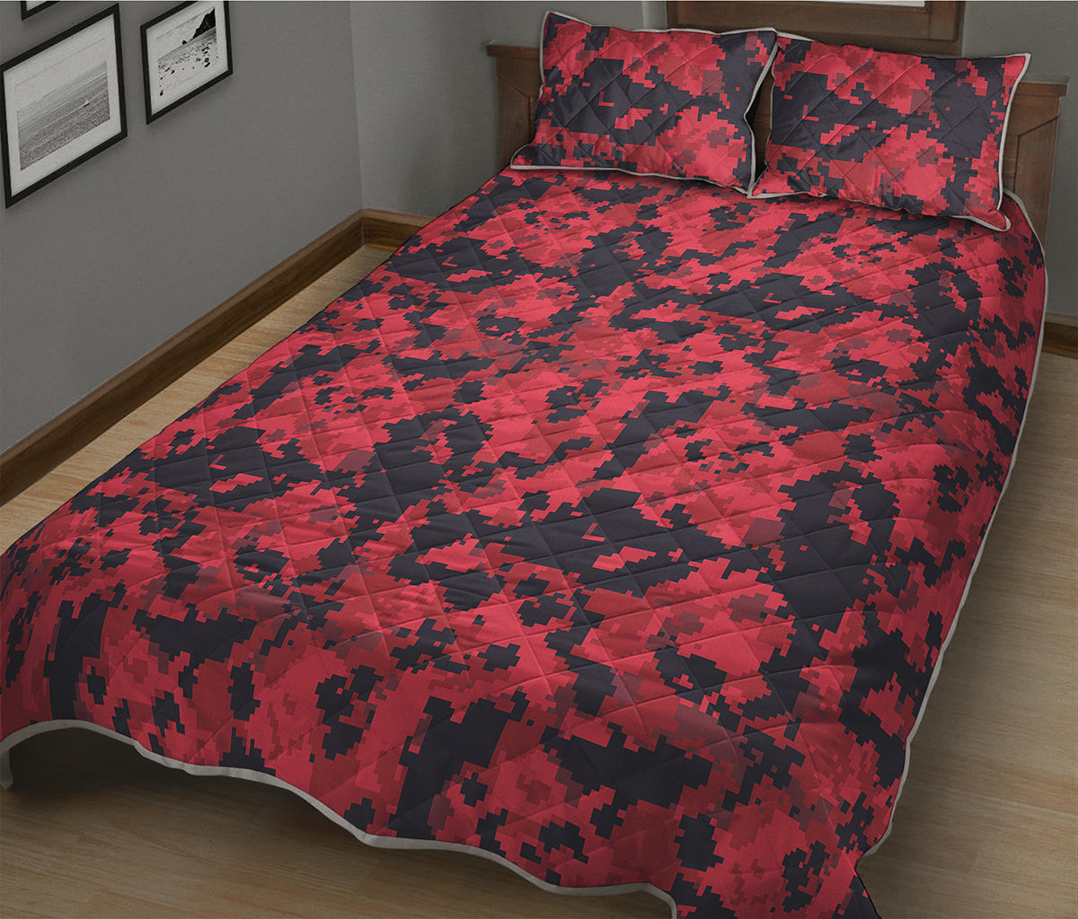 Red And Black Digital Camo Pattern Print Quilt Bed Set