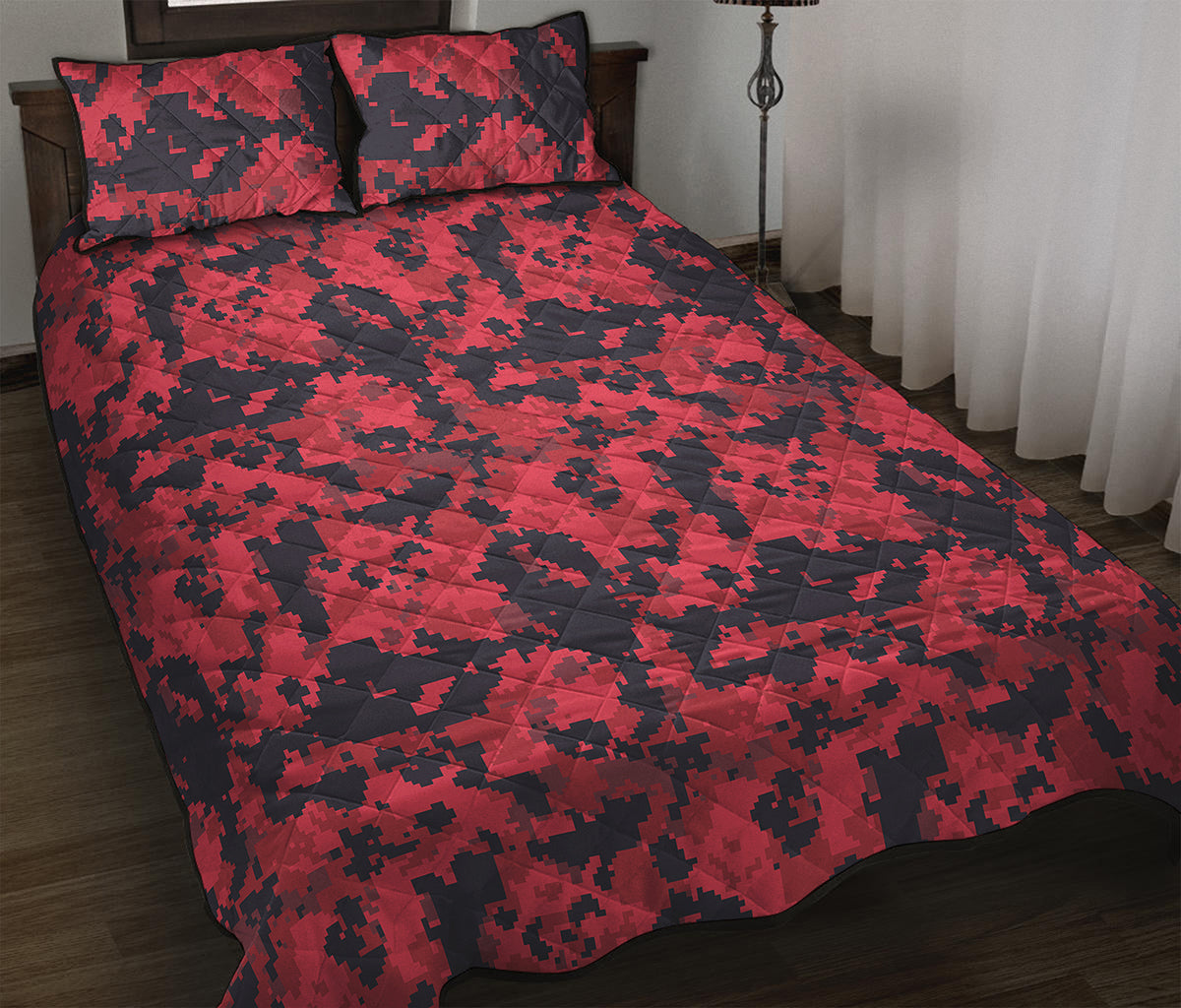 Red And Black Digital Camo Pattern Print Quilt Bed Set