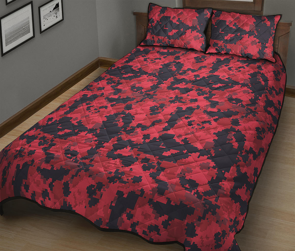 Red And Black Digital Camo Pattern Print Quilt Bed Set