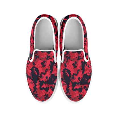 Red And Black Digital Camo Pattern Print White Slip On Shoes