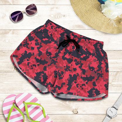 Red And Black Digital Camo Pattern Print Women's Shorts