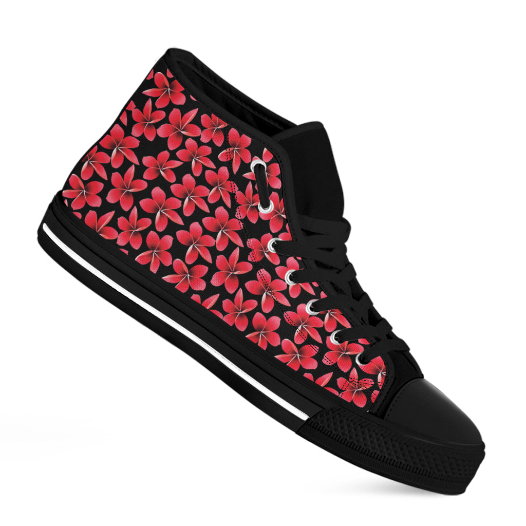 Red And Black Frangipani Pattern Print Black High Top Shoes