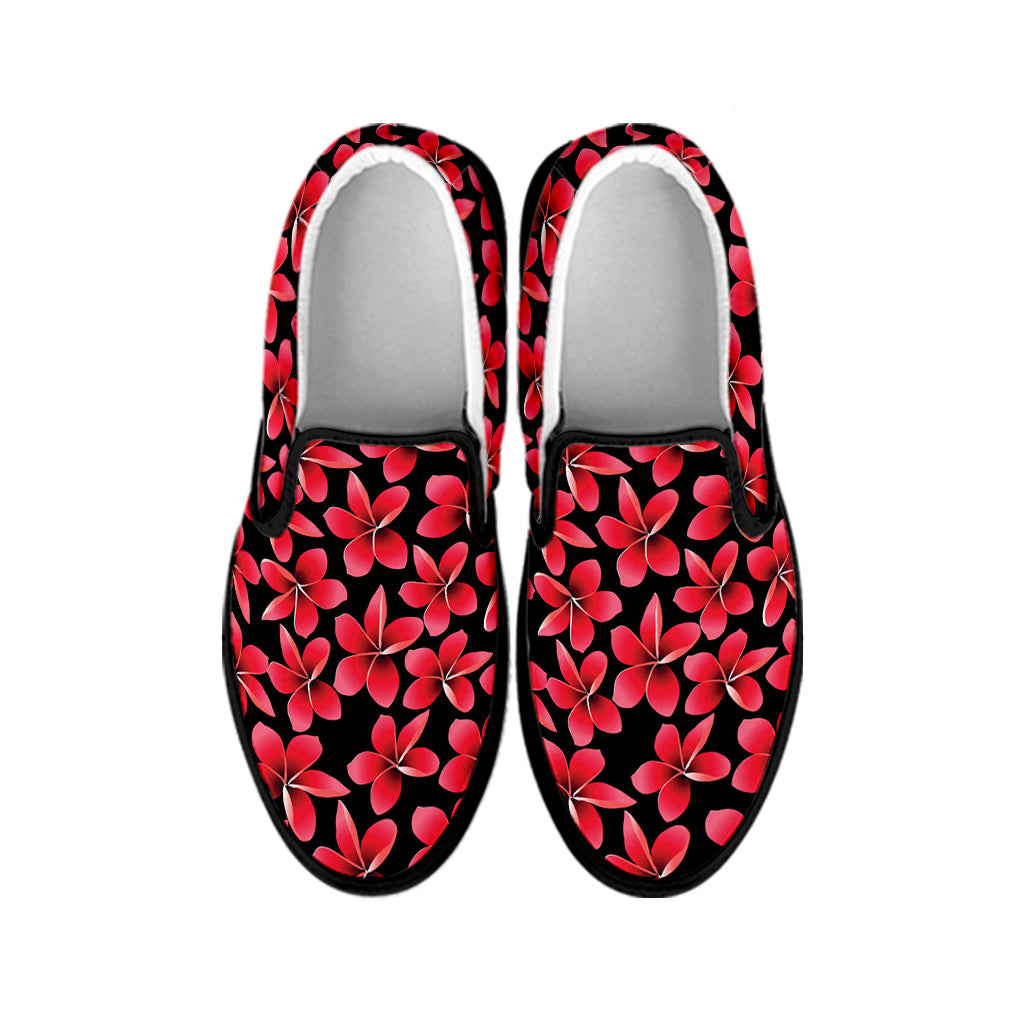 Red And Black Frangipani Pattern Print Black Slip On Shoes