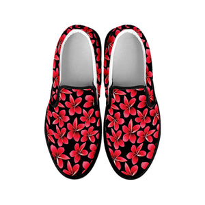 Red And Black Frangipani Pattern Print Black Slip On Shoes