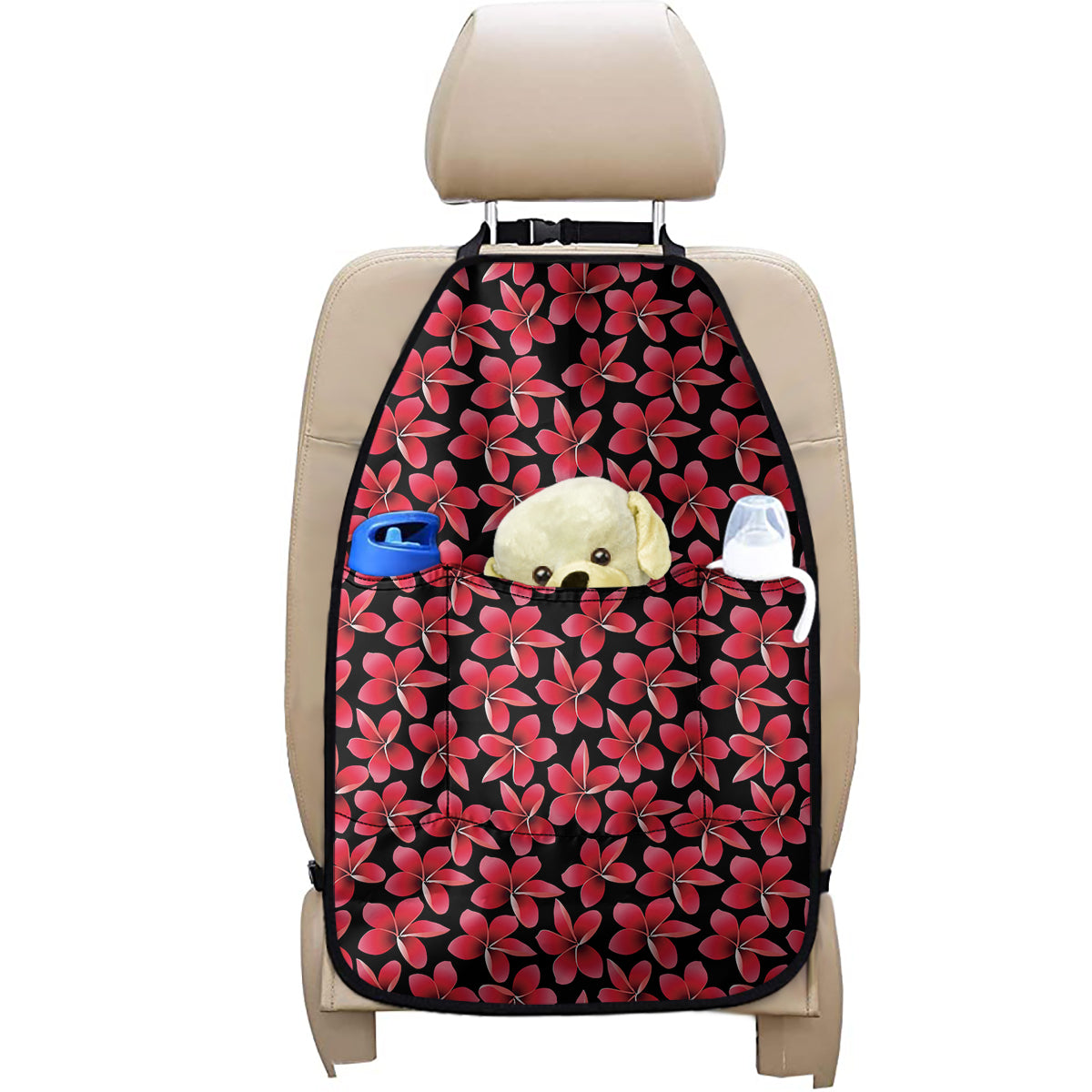 Red And Black Frangipani Pattern Print Car Seat Organizers