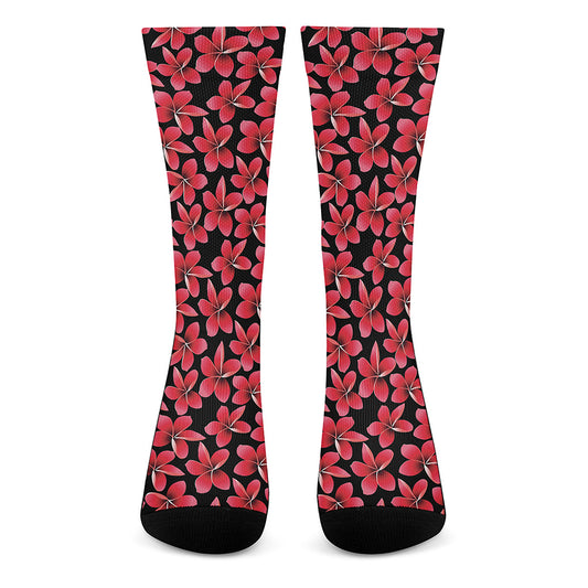 Red And Black Frangipani Pattern Print Crew Socks