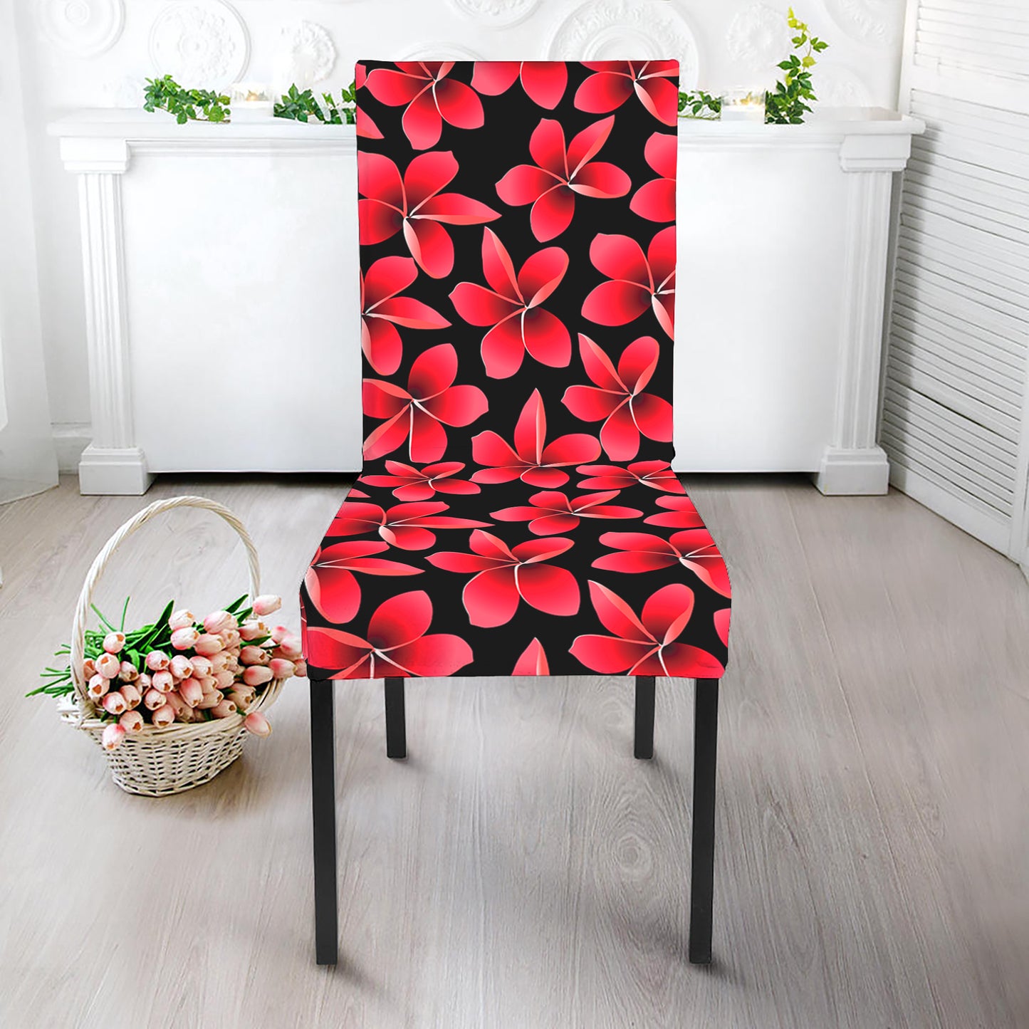 Red And Black Frangipani Pattern Print Dining Chair Slipcover