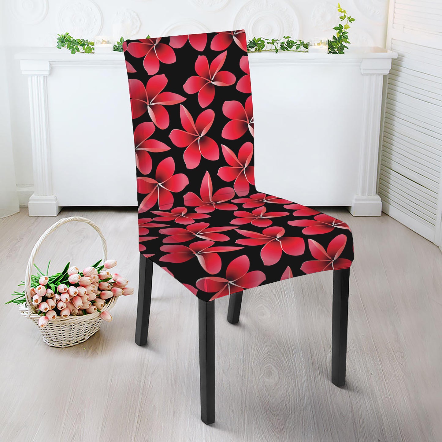 Red And Black Frangipani Pattern Print Dining Chair Slipcover