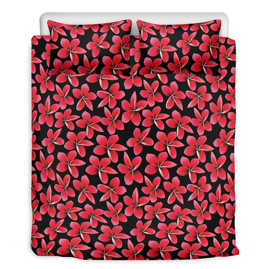 Red And Black Frangipani Pattern Print Duvet Cover Bedding Set