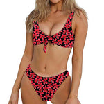 Red And Black Frangipani Pattern Print Front Bow Tie Bikini