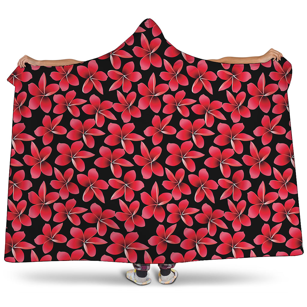 Red And Black Frangipani Pattern Print Hooded Blanket