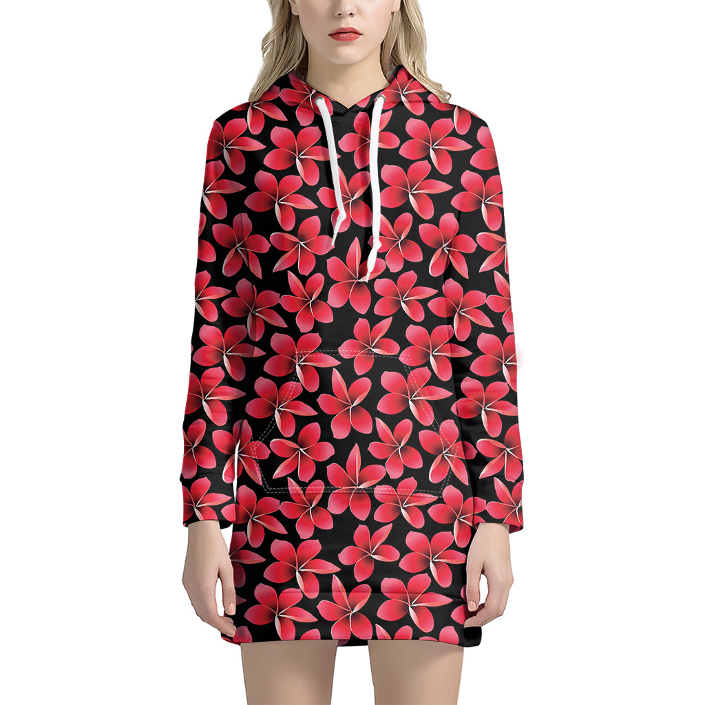 Red And Black Frangipani Pattern Print Hoodie Dress