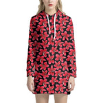 Red And Black Frangipani Pattern Print Hoodie Dress