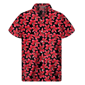 Red And Black Frangipani Pattern Print Men's Short Sleeve Shirt