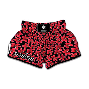 Red And Black Frangipani Pattern Print Muay Thai Boxing Shorts