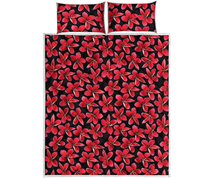 Red And Black Frangipani Pattern Print Quilt Bed Set