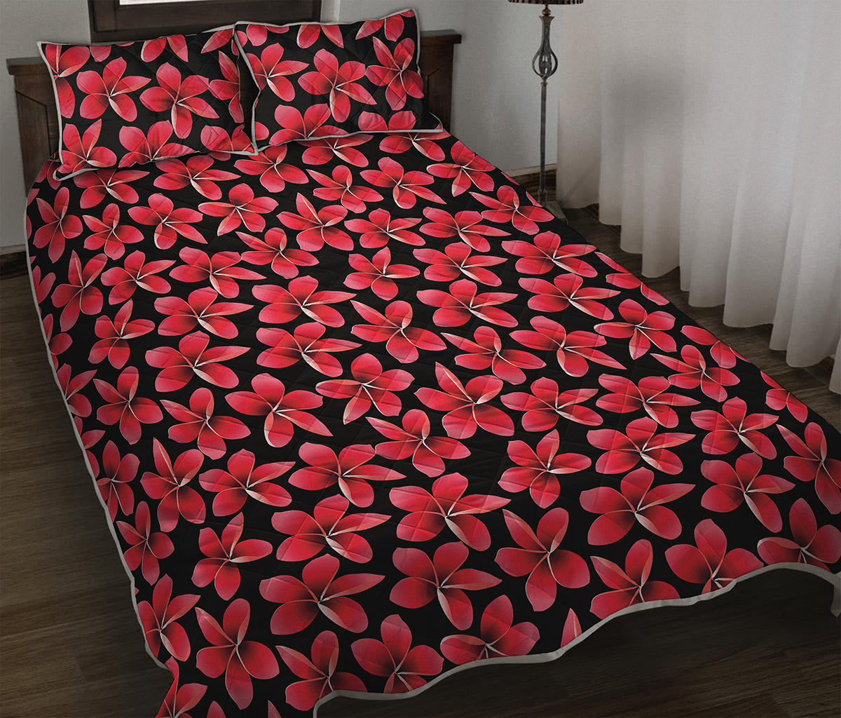Red And Black Frangipani Pattern Print Quilt Bed Set
