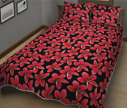 Red And Black Frangipani Pattern Print Quilt Bed Set